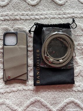 New Bandolier Emma iPhone 15 Pro Max Leather Crossbody Phone Case Greige/Silver